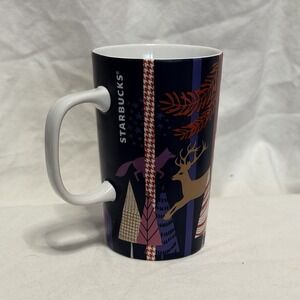 STARBUCKS Christmas Coffee Mug Cup 2017 Woodland Creatures Deer Trees 12 oz EUC!